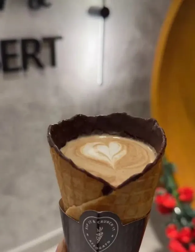 Hot coffee served in a waffle cone at Affogato Cafe, Lahore 1